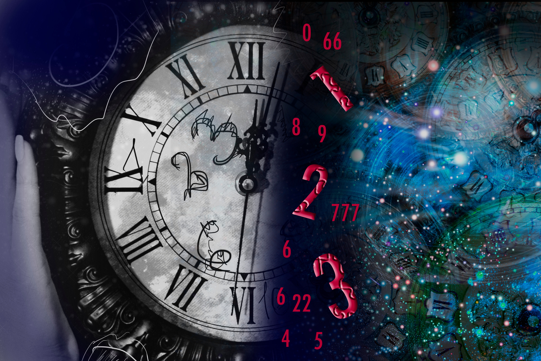 Hand holds a clock on the background of space and numerology